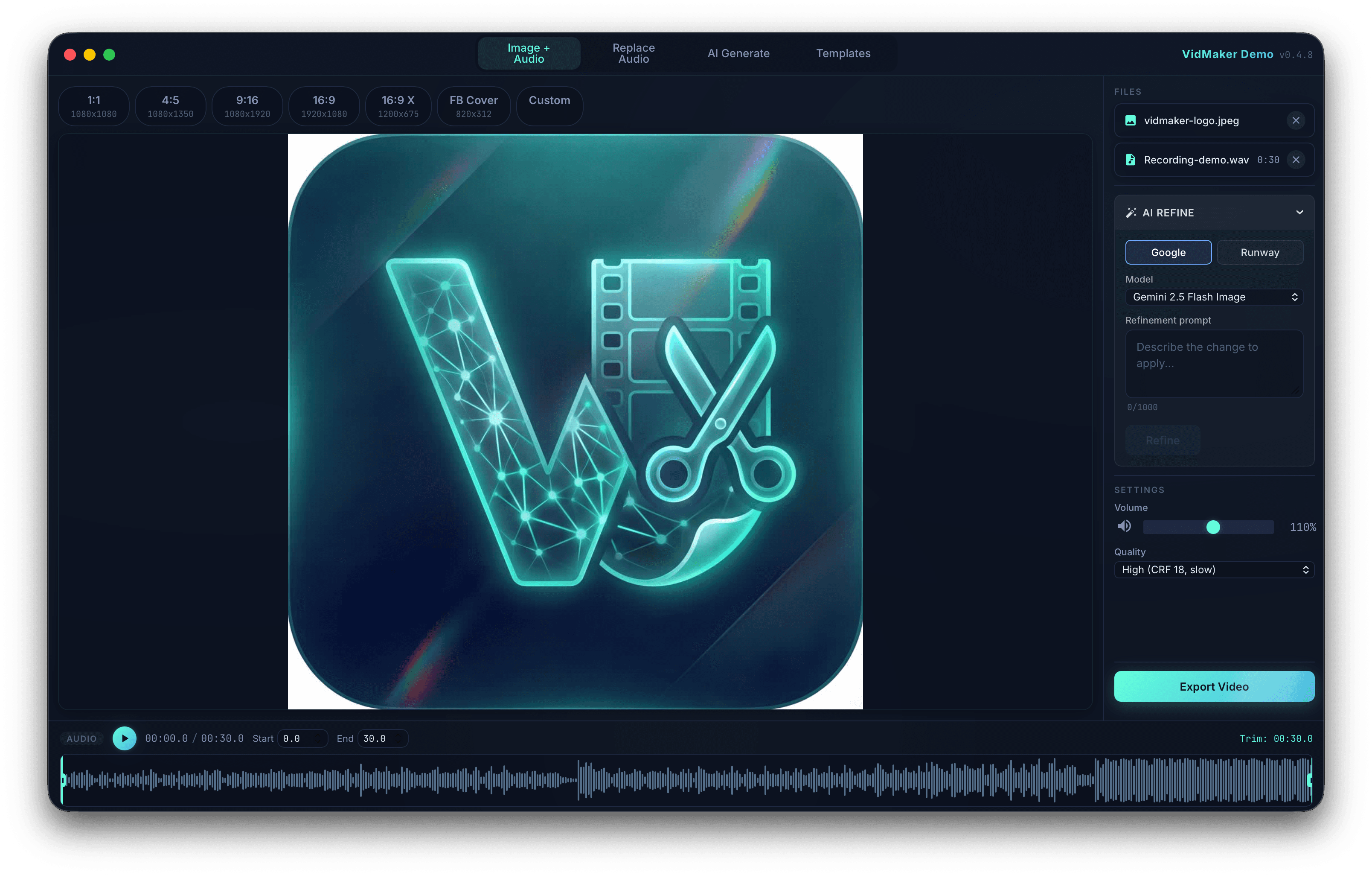 VidMaker desktop app showing a logo image, audio waveform, format presets, AI refinement, volume, quality, and export controls.