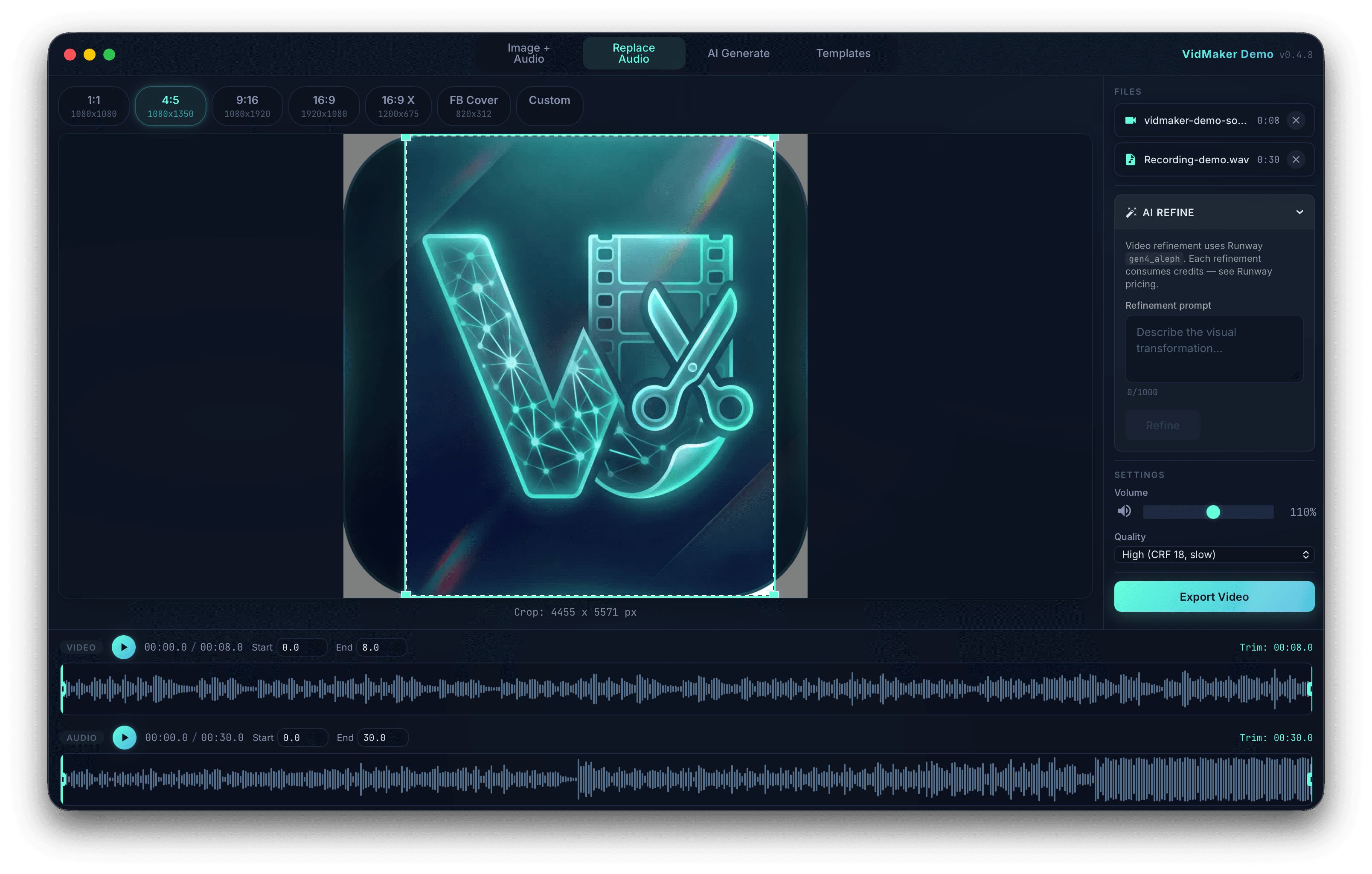 VidMaker desktop app showing a portrait crop of a source video with separate video and replacement-audio waveforms.