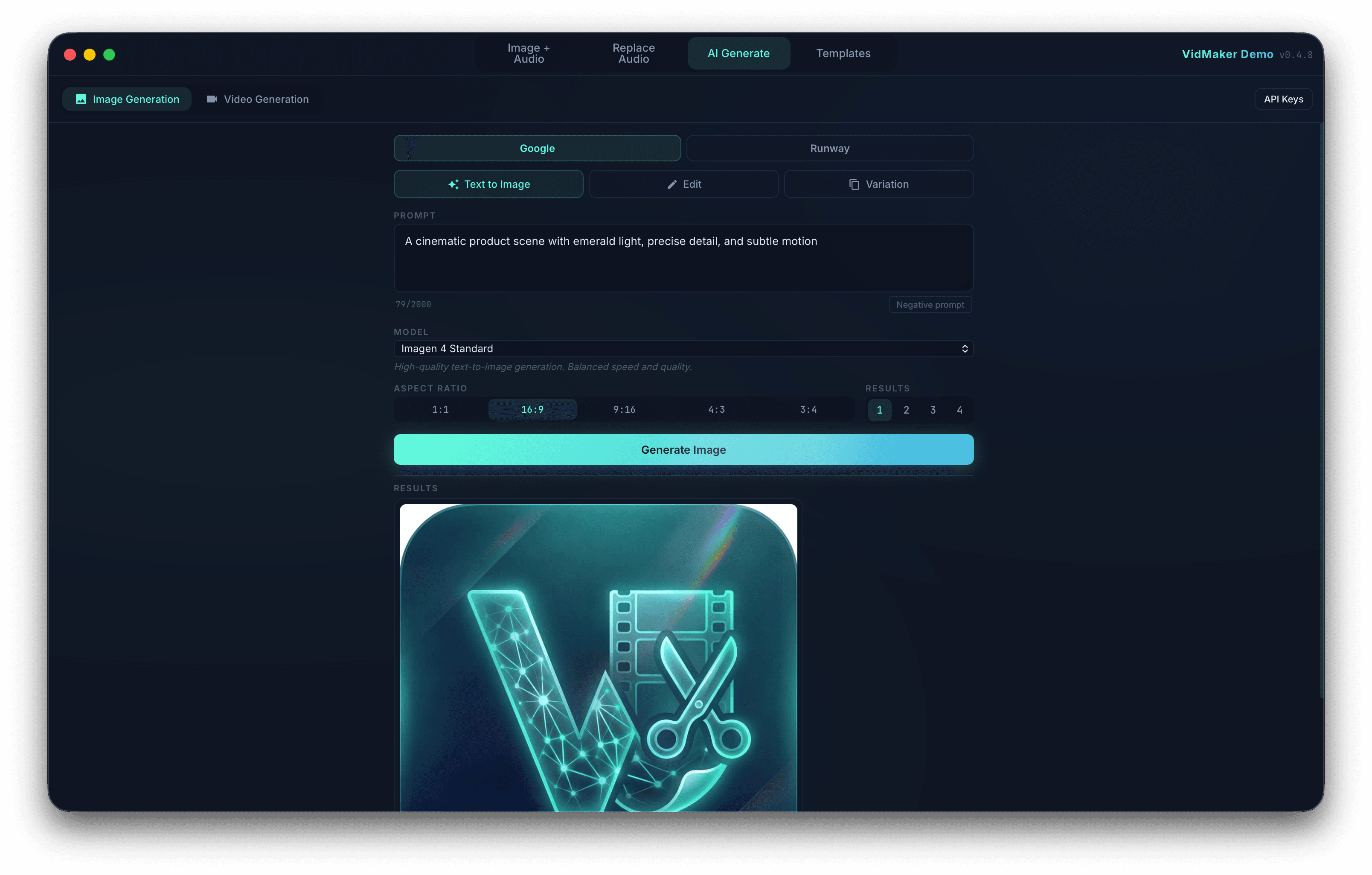 VidMaker AI Generate screen showing a cinematic product prompt, model and aspect-ratio controls, and a generated logo result.
