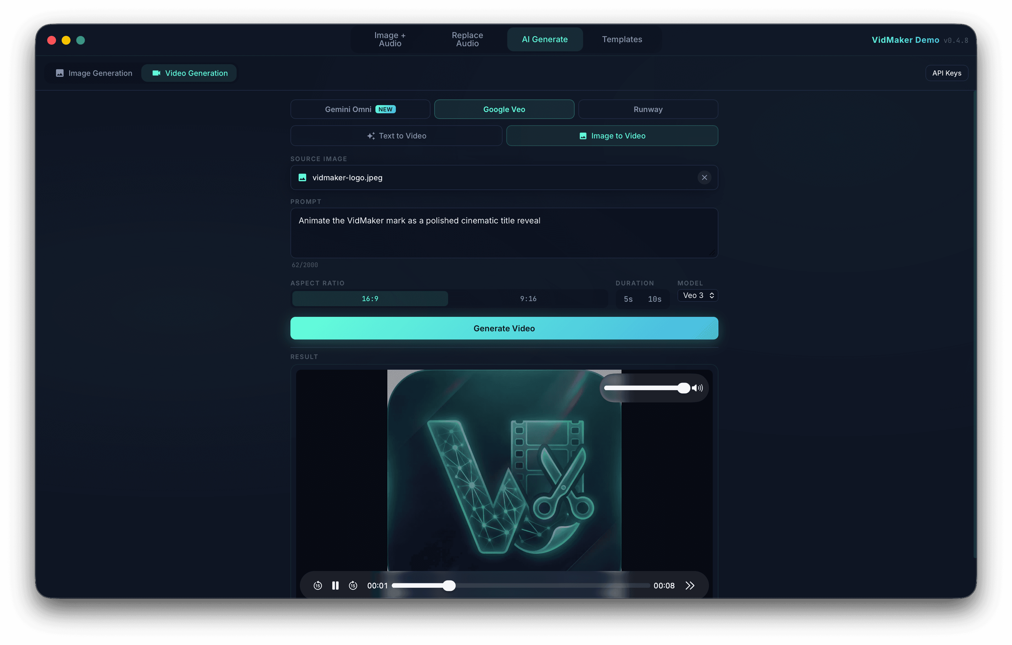 VidMaker AI Generate screen showing image-to-video controls, a cinematic animation prompt, duration options, and video preview.