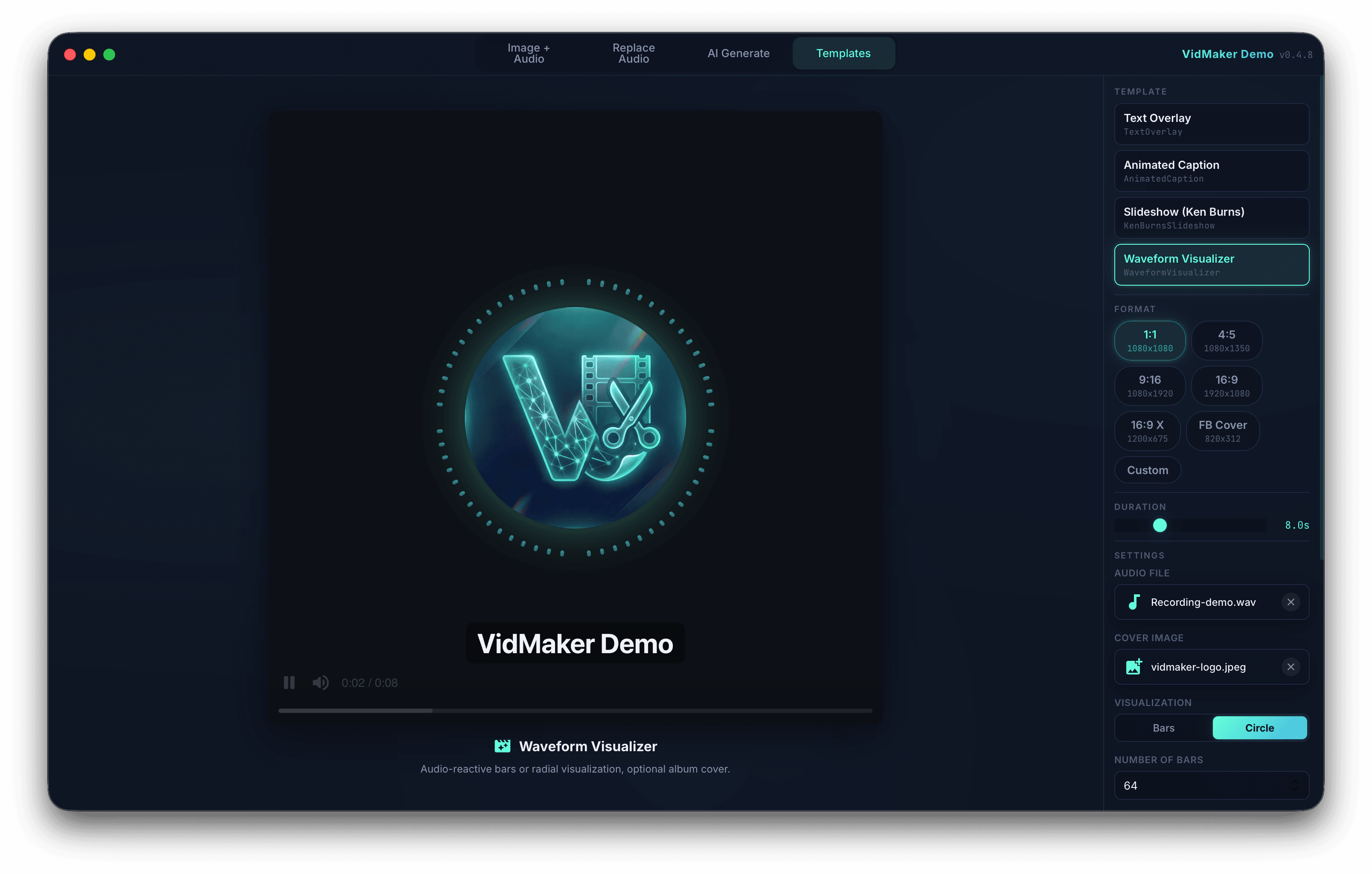 VidMaker Templates screen previewing a circular audio-reactive waveform around cover art with format and visualization settings.