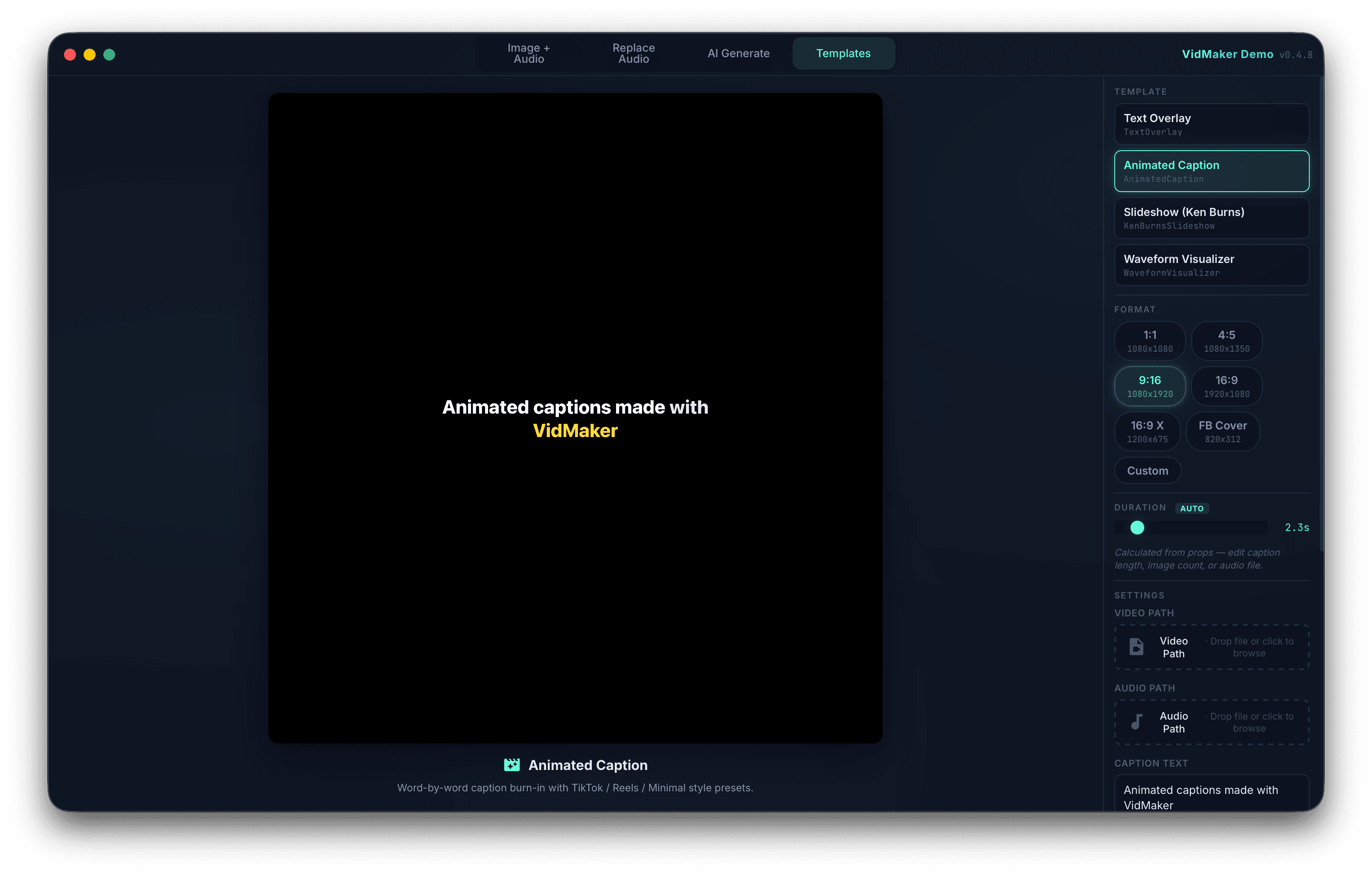 VidMaker Templates screen previewing highlighted animated caption text in a vertical video frame with caption settings.