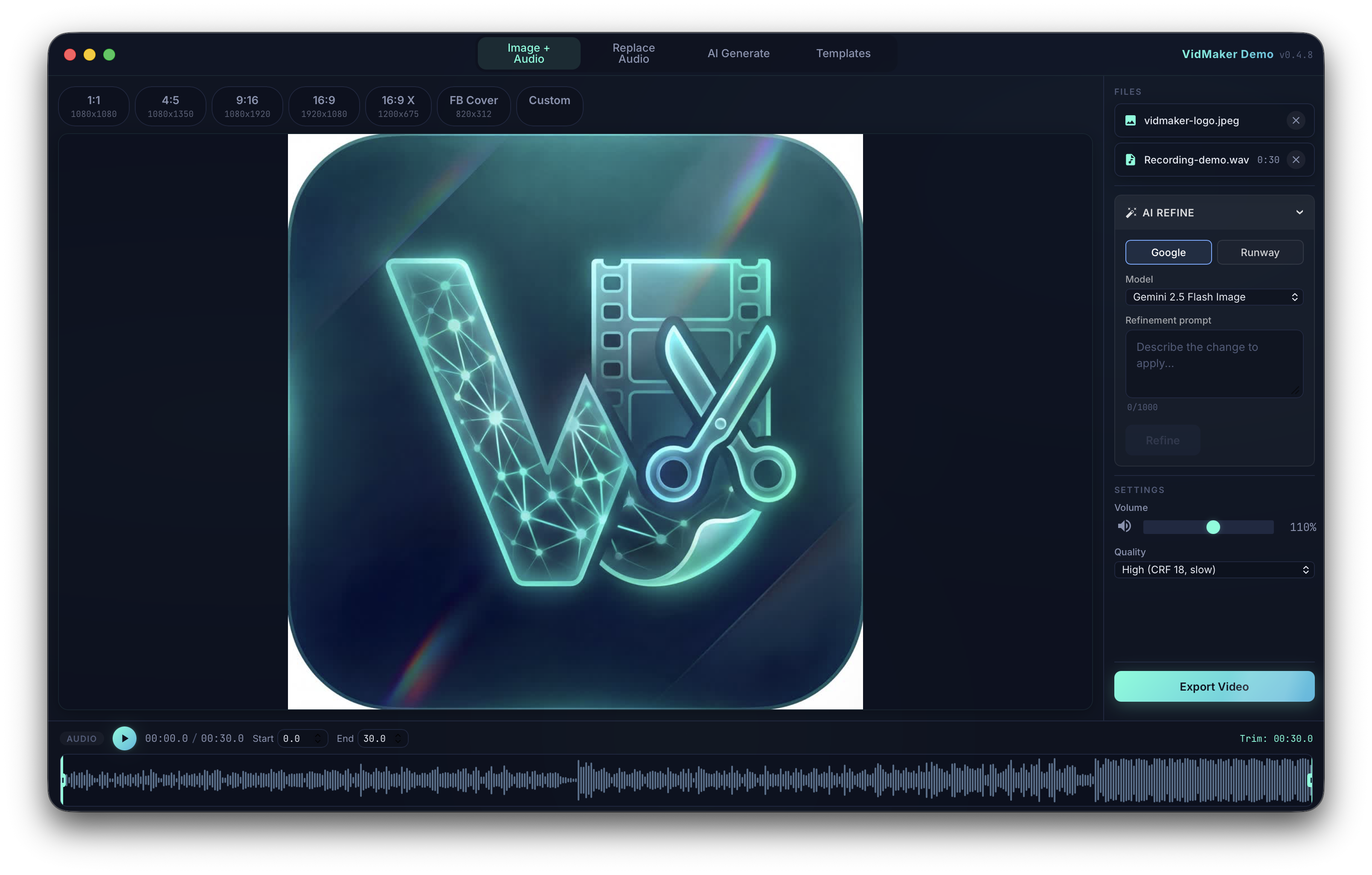 VidMaker desktop app showing a logo image, audio waveform, format presets, AI refinement, volume, quality, and export controls.