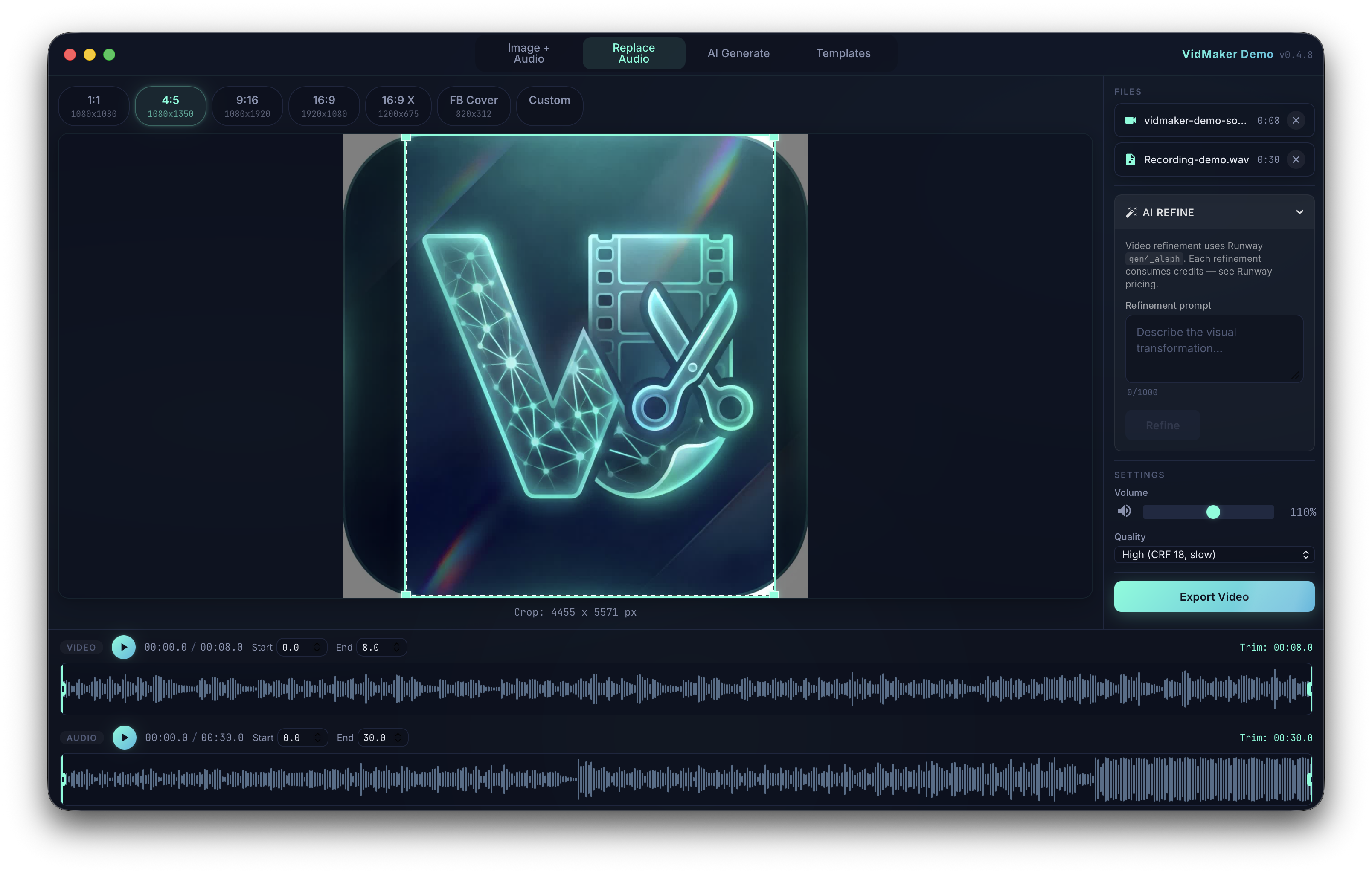 VidMaker desktop app showing a portrait crop of a source video with separate video and replacement-audio waveforms.