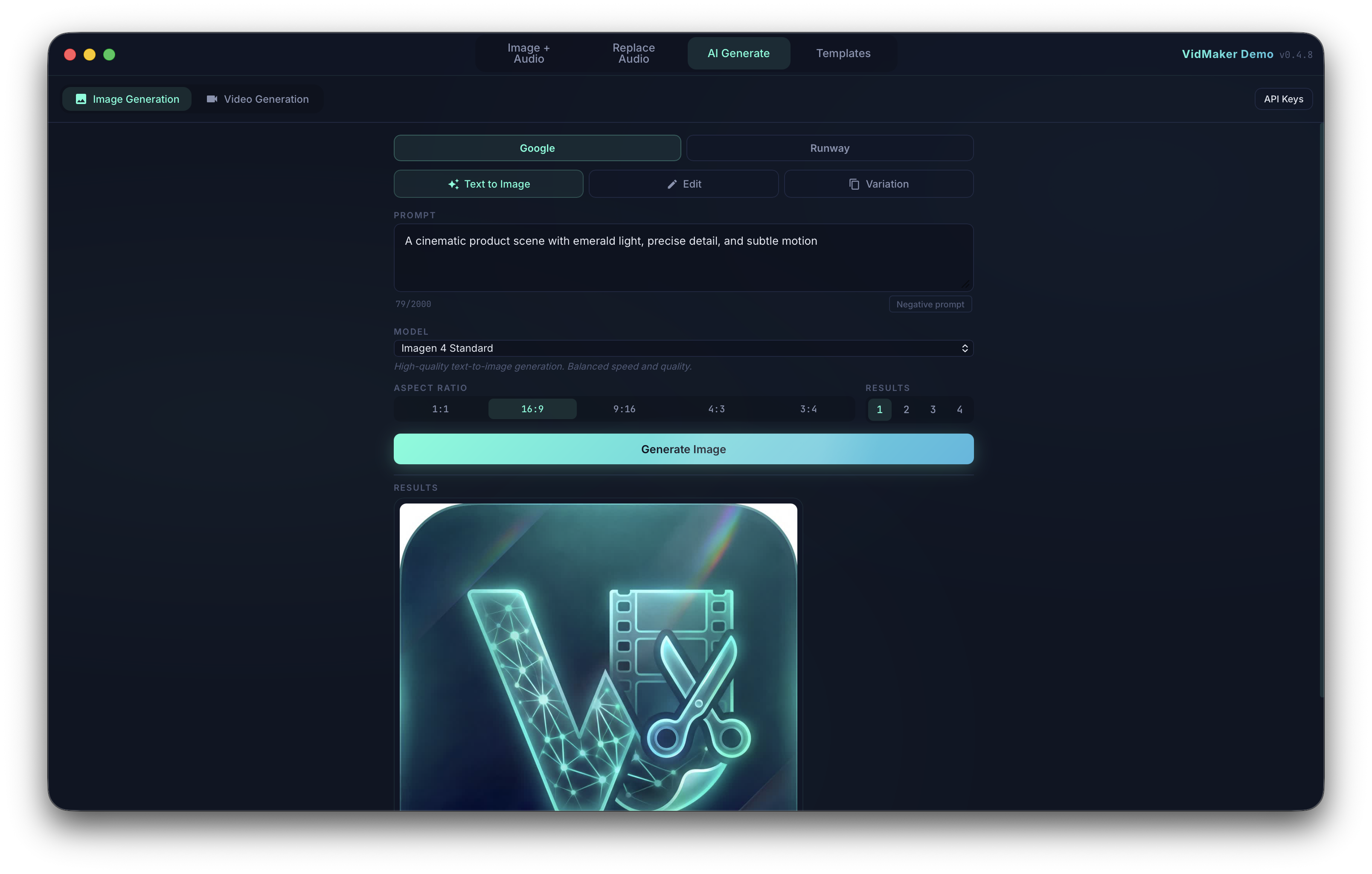 VidMaker AI Generate screen showing a cinematic product prompt, model and aspect-ratio controls, and a generated logo result.