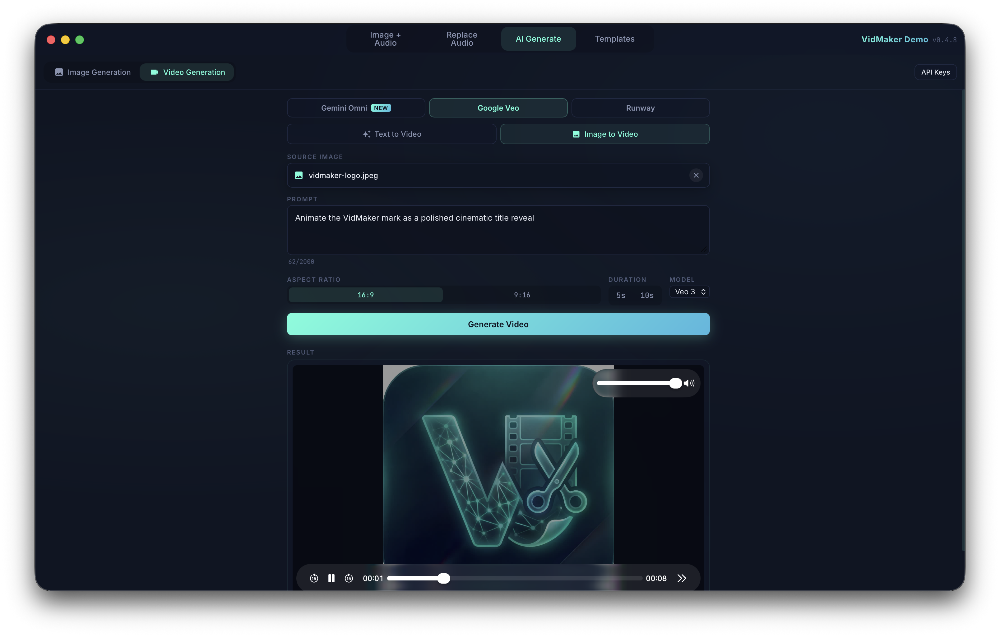 VidMaker AI Generate screen showing image-to-video controls, a cinematic animation prompt, duration options, and video preview.