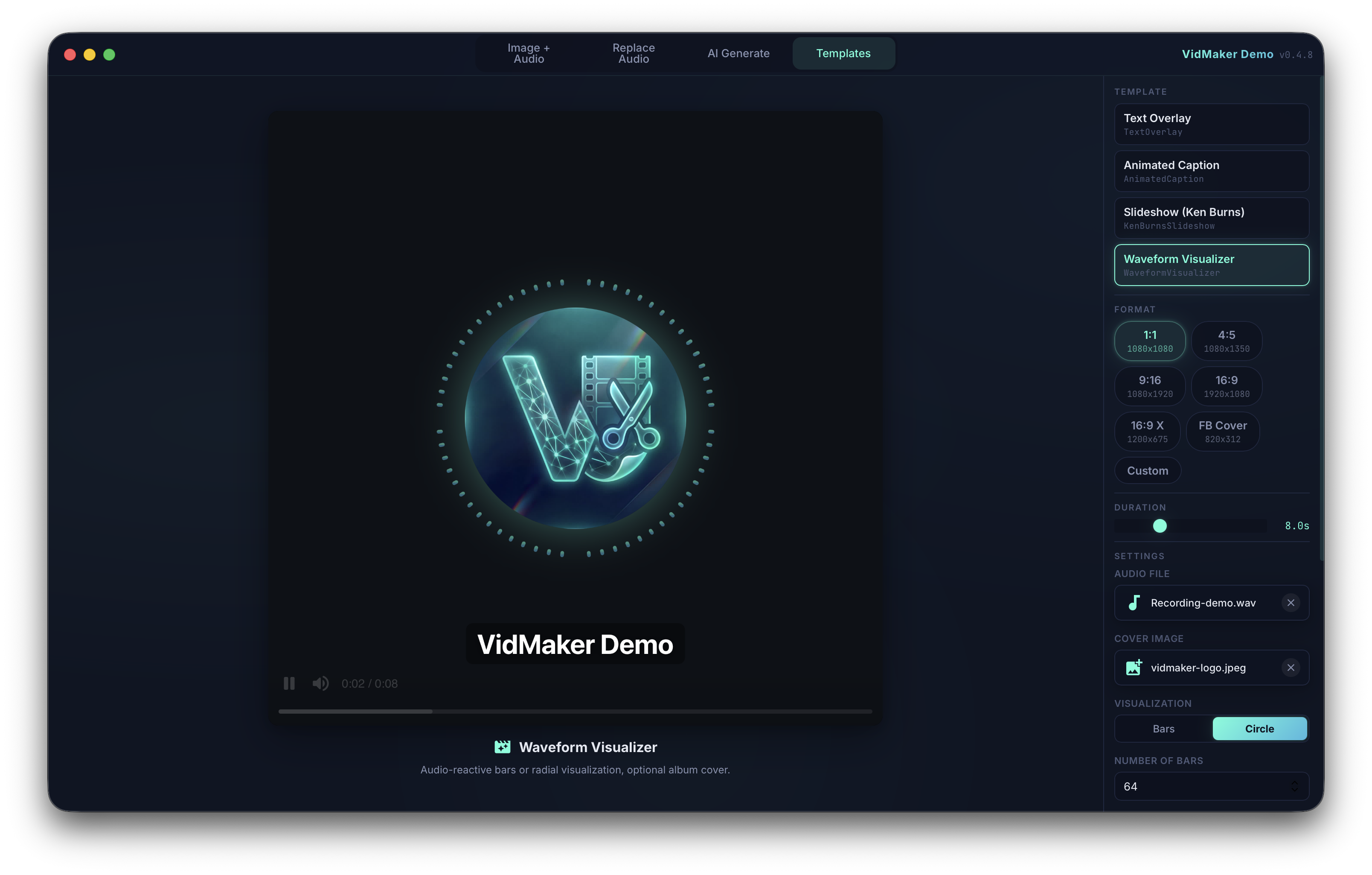 VidMaker Templates screen previewing a circular audio-reactive waveform around cover art with format and visualization settings.