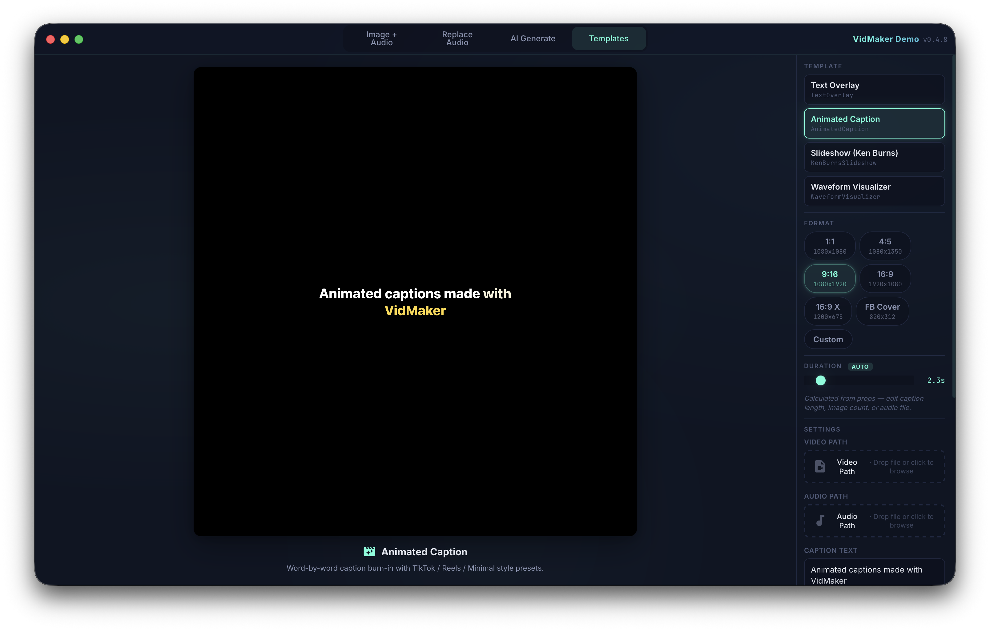 VidMaker Templates screen previewing highlighted animated caption text in a vertical video frame with caption settings.